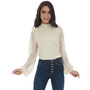 Lime Lush Boutique Cream Mock Neck Long Swiss Dot Puff Sleeve Top - Small